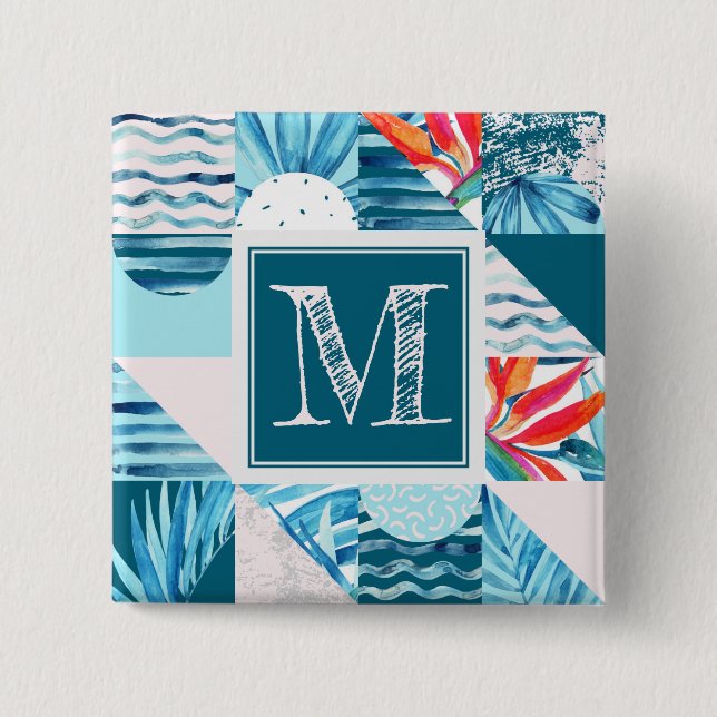 Tropical Teal Geometric Abstract Pattern 2 Inch Square Button (Front)
