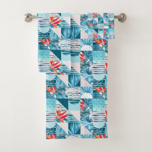 Tropical Teal Geometric Abstract Pattern Bath Towel Set