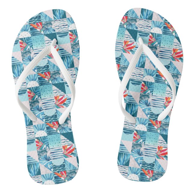 Tropical Teal Geometric Abstract Pattern Flip Flops (Footbed)
