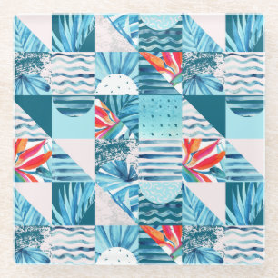 Tropical Teal Geometric Abstract Pattern Glass Coaster
