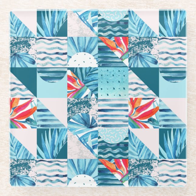 Tropical Teal Geometric Abstract Pattern Glass Coaster (Front)