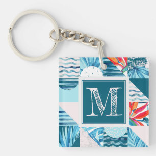 Tropical Teal Geometric Abstract Pattern Keychain