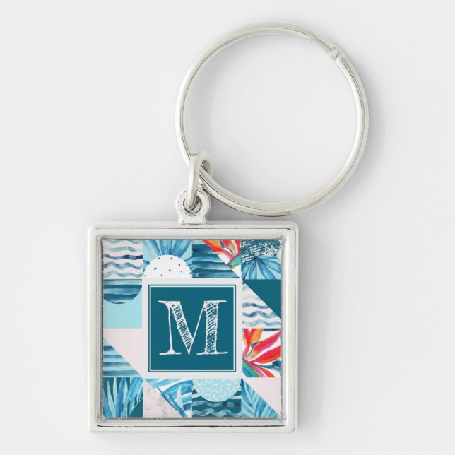 Tropical Teal Geometric Abstract Pattern Keychain (Front)