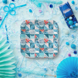 Tropical Teal Geometric Abstract Pattern Paper Plate