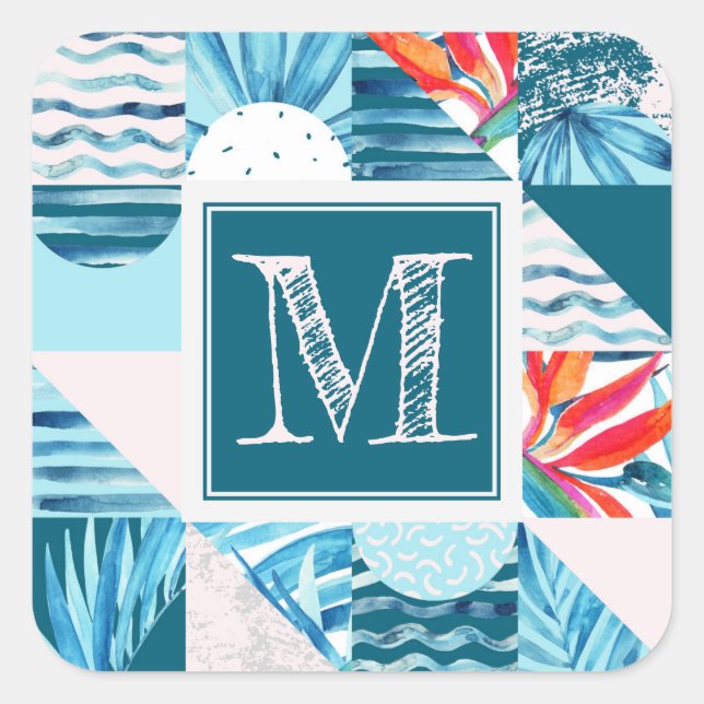 Tropical Teal Geometric Abstract Pattern Square Sticker (Front)