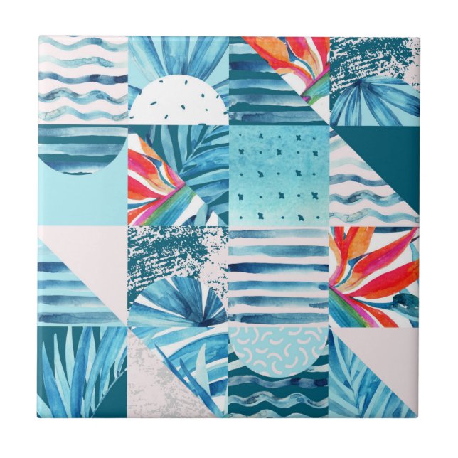 Tropical Teal Geometric Abstract Pattern Tile (Front)