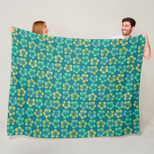 Tropical Teal Hibiscus Flower Pattern Fleece Blanket