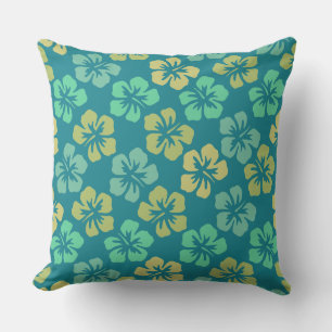 Tropical Teal Hibiscus Flower Pattern Outdoor Pillow