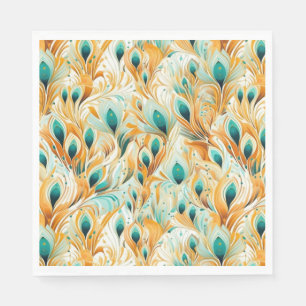 Tropical Teal Mint Orange Peacock Feathers Napkin