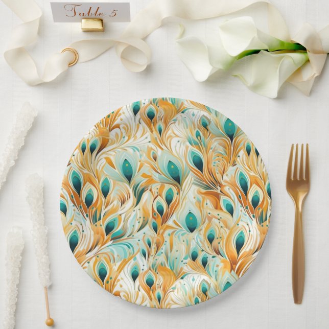 Tropical Teal Mint Orange Peacock Feathers  Paper Plate (Wedding)