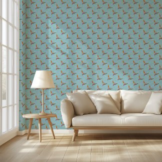 Tropical Teal Modern Bird of Paradise Hand-Drawn Wallpaper