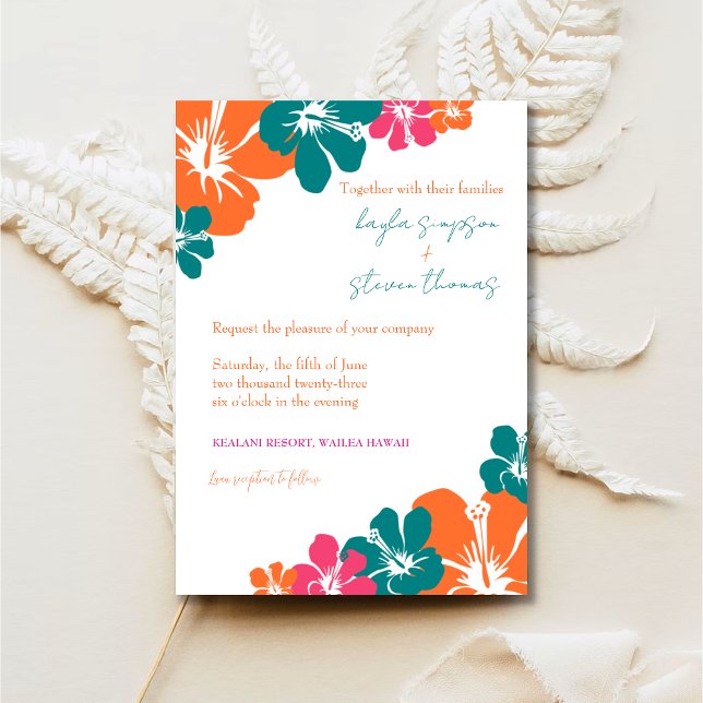 Tropical Teal Orange Pink Hibiscus Wedding Invitation (Creator Uploaded)