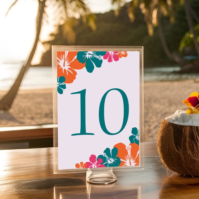Tropical Teal Orange Pink Hibiscus Wedding Table Number (Creator Uploaded)