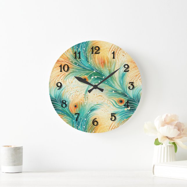 Tropical Teal Peach Orange Peacock Feathers Large Clock (Home)