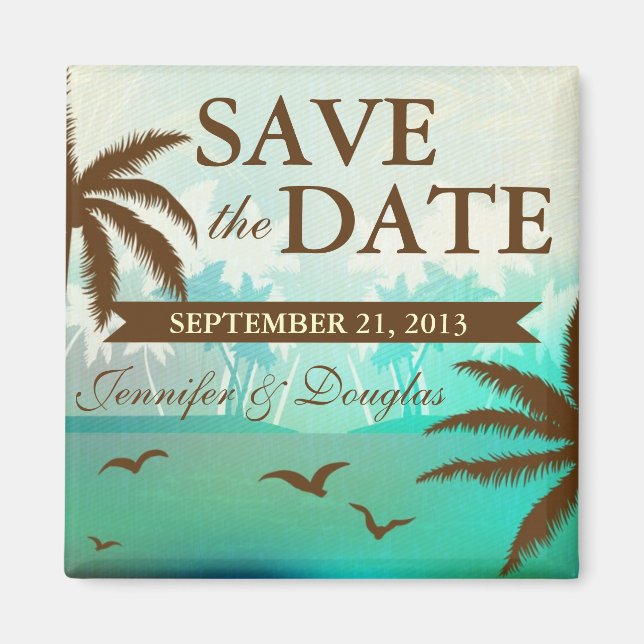 Tropical Teal Scenic Beach Save the Date Magnets (Front)