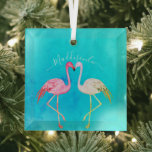 Tropical teal watercolor Monogram  Pink Flamingo   Glass Ornament<br><div class="desc">Tropical teal watercolor Monogram Name Two Pink Flamingo  Glass Ornament</div>