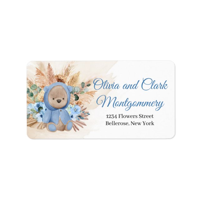 Tropical teddy bear blue flowers dried palm pampas label (Front)