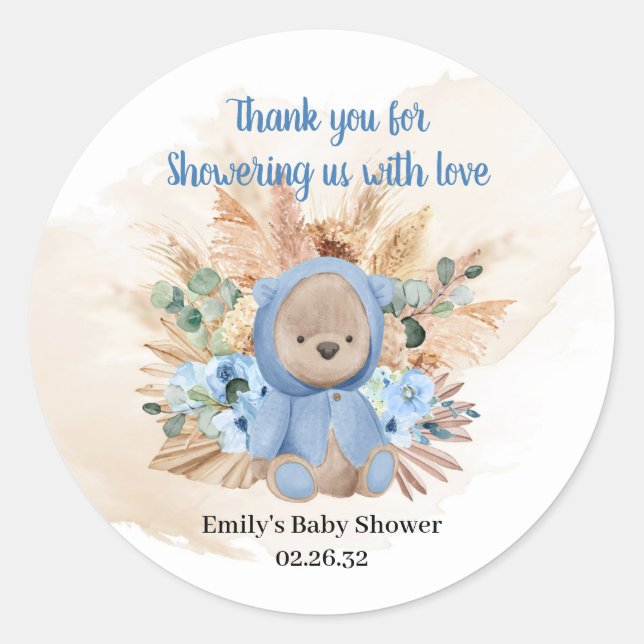 Tropical teddy bear pampas grass blue flowers baby classic round sticker (Front)