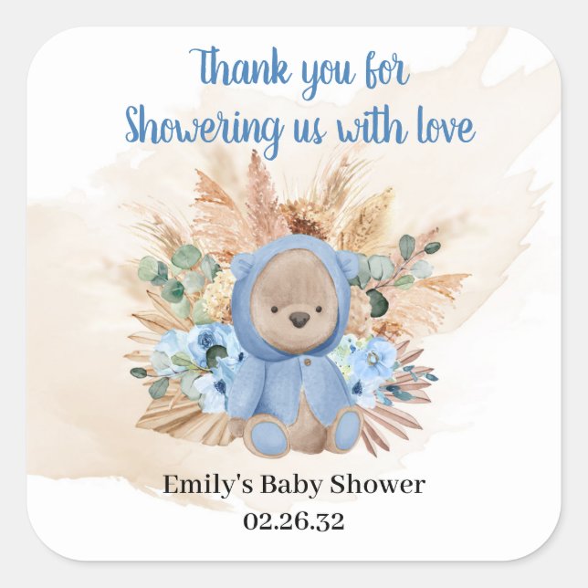 Tropical teddy bear pampas grass blue flowers baby square sticker (Front)