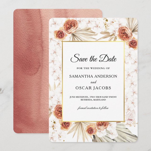 Tropical Terracotta Dried Floral  Save The Date (Front/Back)