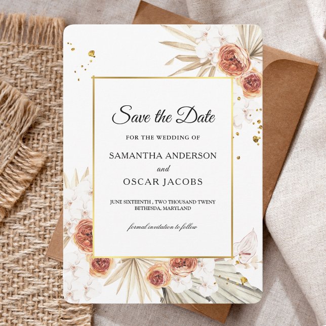 Tropical Terracotta Dried Palm Leaf Gold Frame Save The Date (Creator Uploaded)