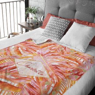 Tropical Terracotta Monstera Leaf Pattern Modern Fleece Blanket