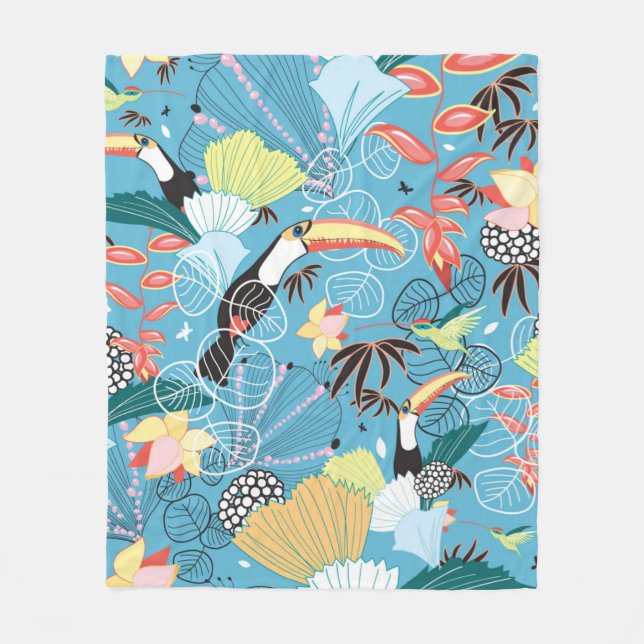 Tropical Texture With Toucans and Hummingbirds Fleece Blanket (Front)