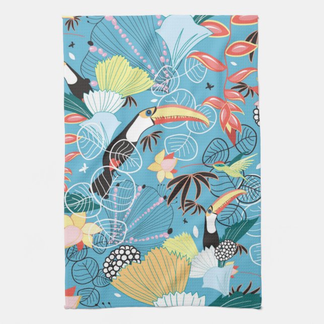 Tropical Texture With Toucans and Hummingbirds Kitchen Towel (Vertical)
