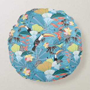 Tropical Texture With Toucans and Hummingbirds Round Pillow