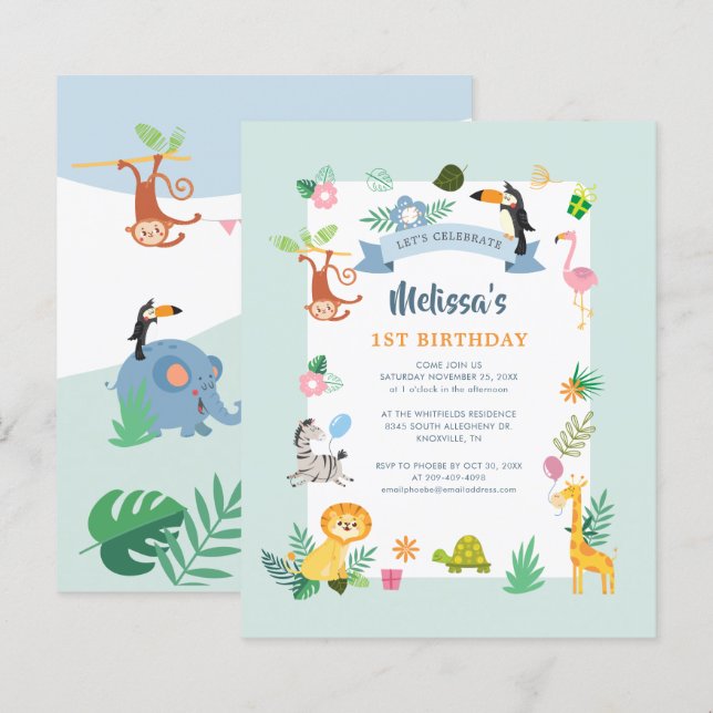 Tropical Theme 1st Birthday Party Invitation (Front/Back)