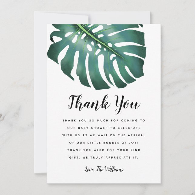 Tropical Theme Baby Shower Greenery Thank You Card (Front)