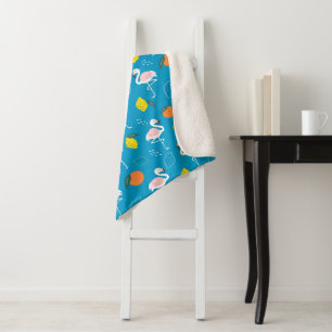Tropical Theme Flamingo Fruits on Blue Background Sherpa Blanket