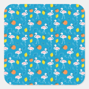 Tropical Theme Flamingo Fruits on Blue Background Square Sticker