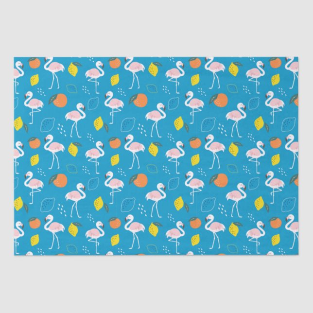 Tropical Theme Flamingo Fruits on Blue Background  Tissue Paper (Front)