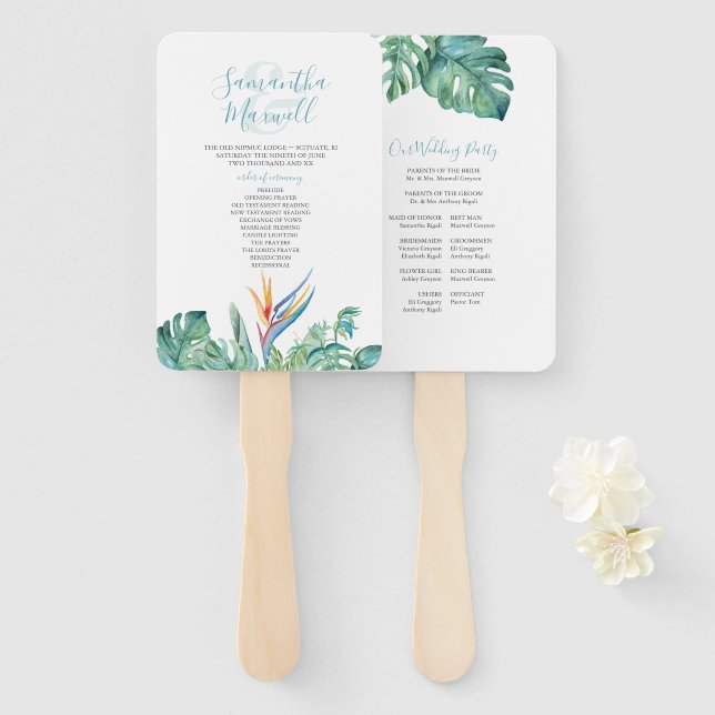 Tropical Theme Floral Wedding Program Hand Fan (Front and Back)