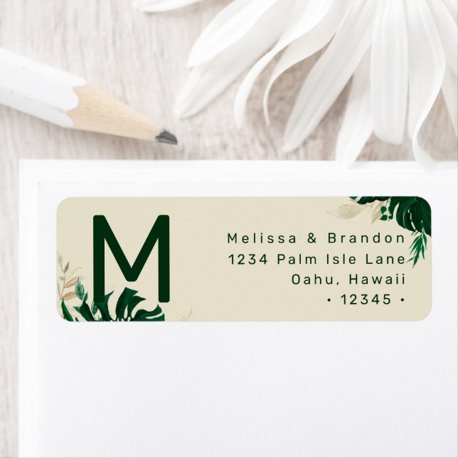 Tropical Theme Green Leaf Monogram Return Address (Insitu)