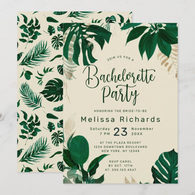 Tropical Themed Green Leaves Bachelorette Party Invitation (Front/Back)