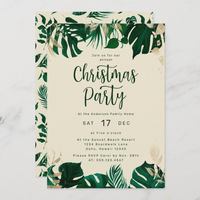 Tropical Themed Green Leaves Christmas Party Invitation (Front/Back)