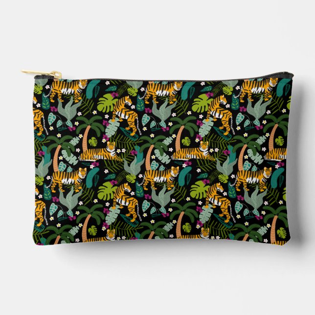 Tropical Tiger Black Botanical Jungle Safari Cats Accessory Pouch (Front)