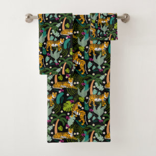 Tropical Tiger Black Botanical Jungle Safari Cats Bath Towel Set