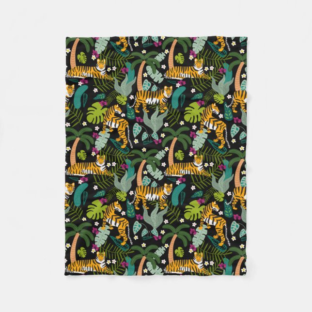Tropical Tiger Black Botanical Jungle Safari Cats Fleece Blanket (Front)