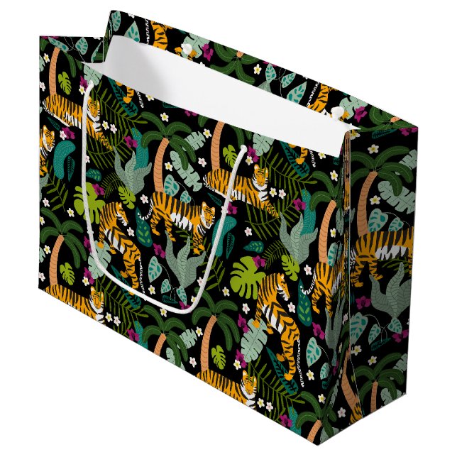 Tropical Tiger Black Botanical Jungle Safari Cats Large Gift Bag (Front Angled)