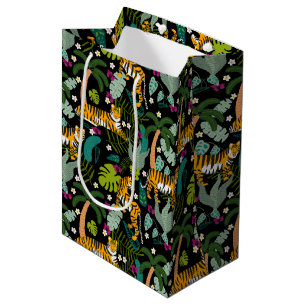 Tropical Tiger Black Botanical Jungle Safari Cats Medium Gift Bag