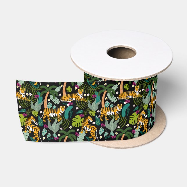 Tropical Tiger Black Botanical Jungle Safari Cats Satin Ribbon (Spool)