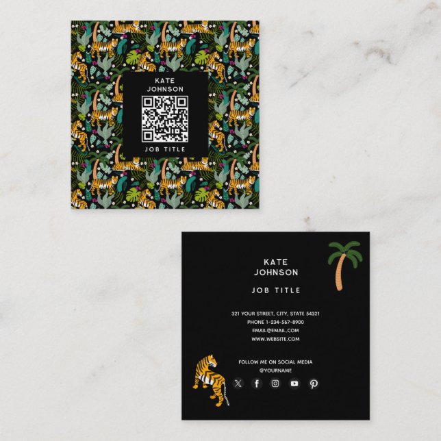 Tropical Tiger Black Botanical Jungle Safari Cats Square Business Card (Front/Back)