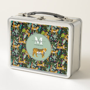 Tropical Tiger Black Botanical Jungle Safari Kids Metal Lunch Box