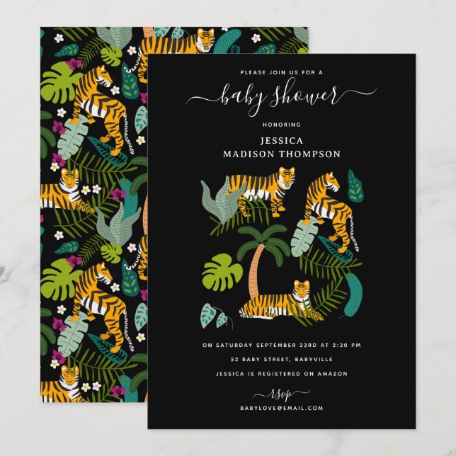 Tropical Tiger Black Jungle Safari Baby Shower Invitation (Front/Back)