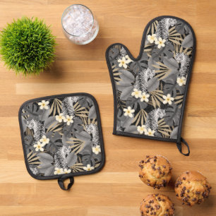 Tropical Tiger Hawaiian Palm Jungle Grey Oven Mitt & Pot Holder Set
