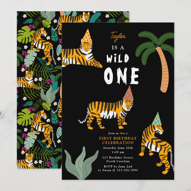Tropical Tiger Jungle Safari Kids First Birthday  Invitation (Front/Back)