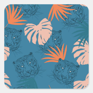 Tropical Tiger Leaves Deep Blue Square Sticker